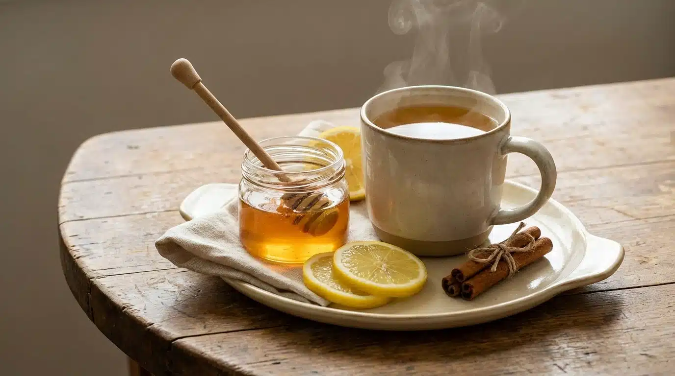 Honey trick recipe ingredients beside a warm morning drink