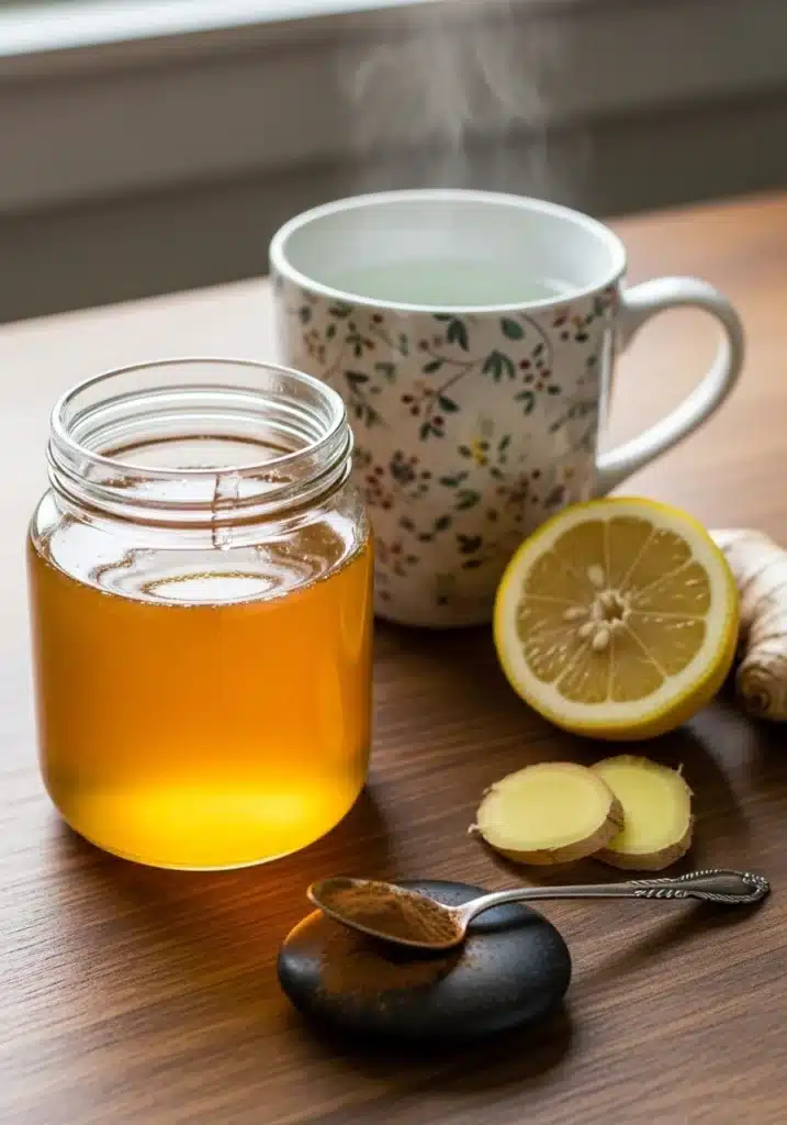 Honey trick recipe ingredients with raw honey lemon ginger and cinnamon