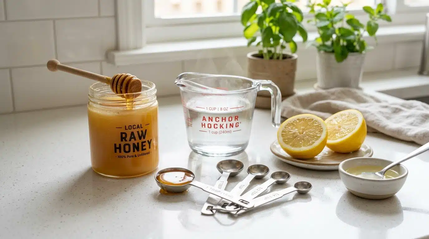 Honey trick recipe measurements with measuring spoons raw honey and warm water