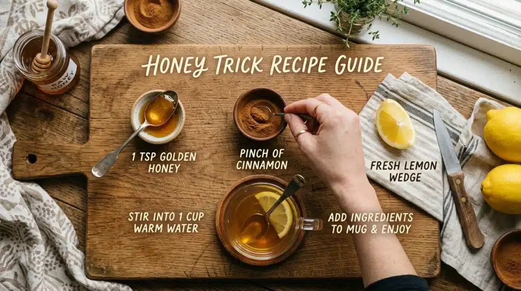 Visual guide to honey trick recipe measurements with honey lemon and cinnamon