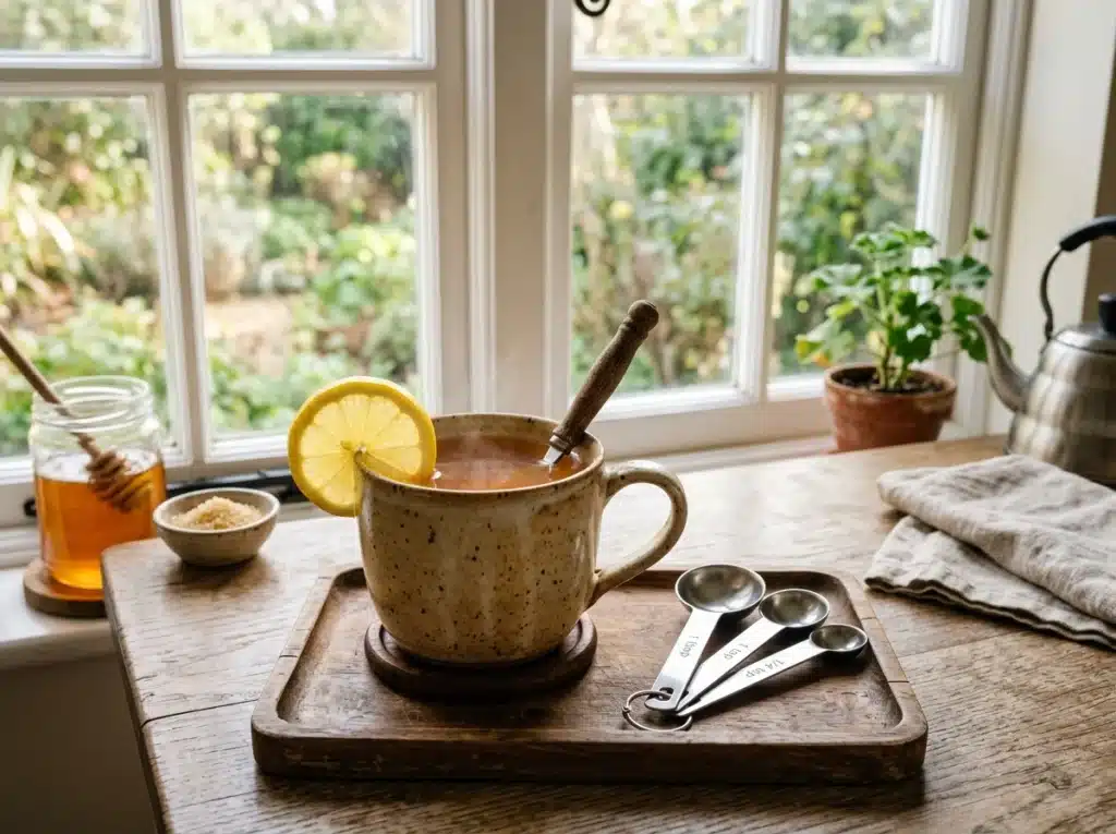 Serving a perfectly measured honey trick recipe drink in a warm ceramic mug