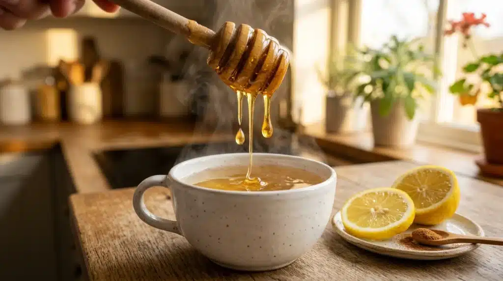 Stirring honey trick recipe — raw honey dripping into a warm ceramic mug