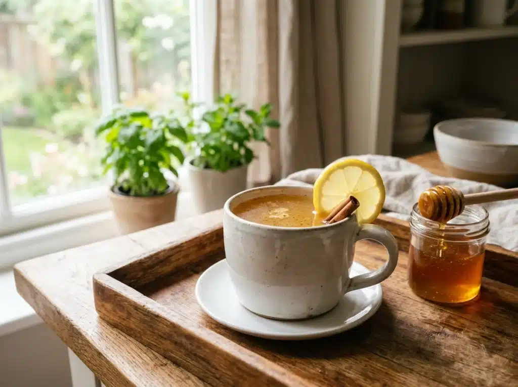 Finished honey trick recipe served warm in a ceramic mug with lemon and cinnamon