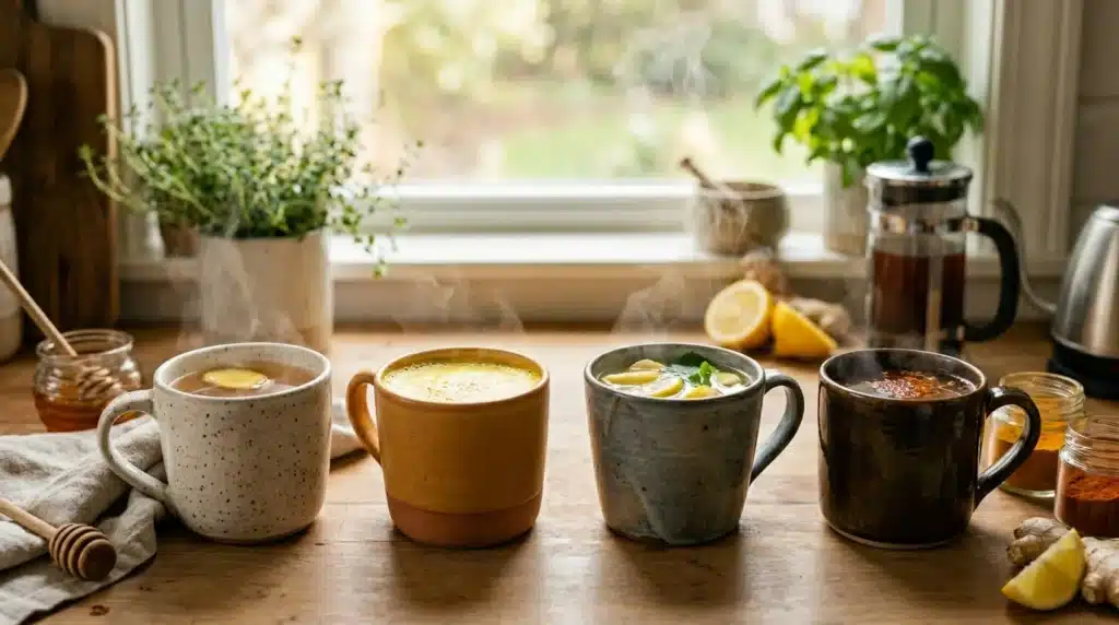 Four honey trick recipe variations including turmeric blend lemon ginger and spicy detox