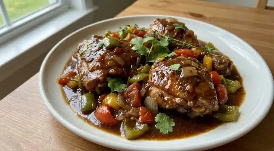 A plate of Jamaican Brown Stew Chicken garnished with herbs.