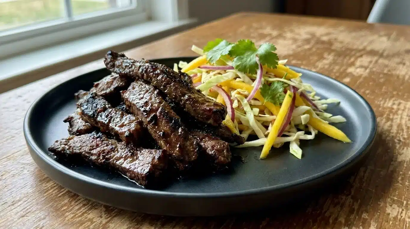 Jerk Beef with Mango Slaw