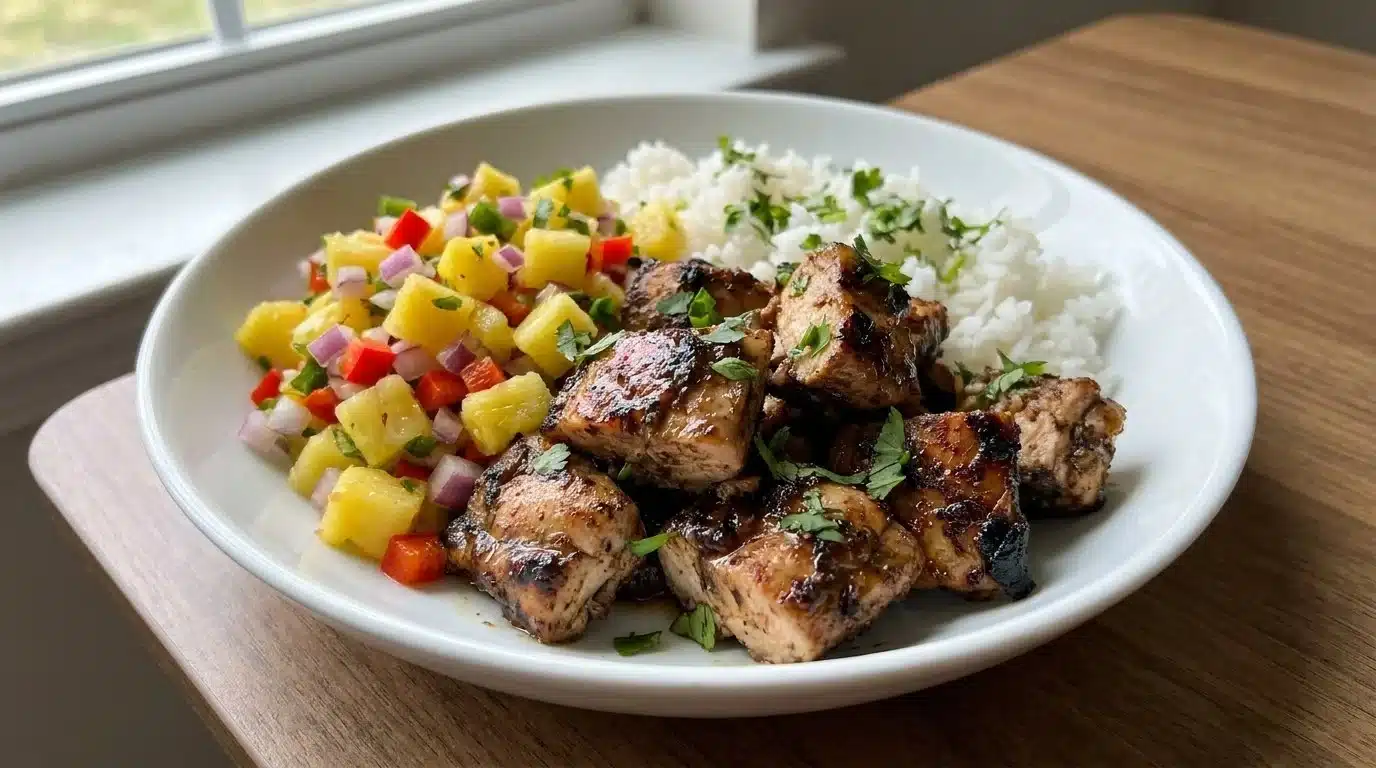 Delicious Jerk Chicken Bowl topped with fresh Pineapple Salsa on a plate.