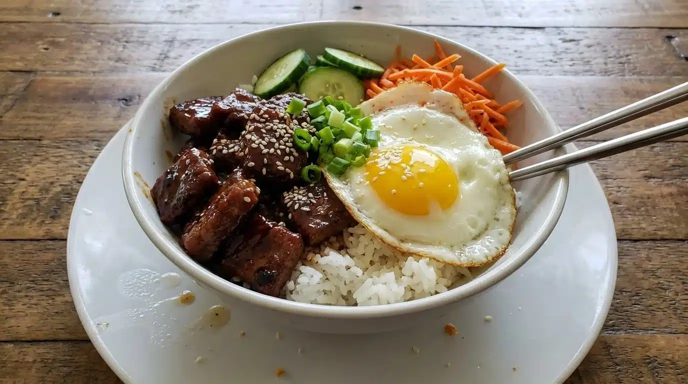Korean BBQ steak bowl with marinated beef and fresh vegetables
