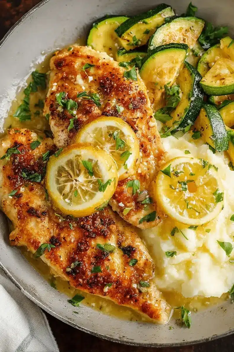 Delicious lemon chicken dish garnished with fresh herbs