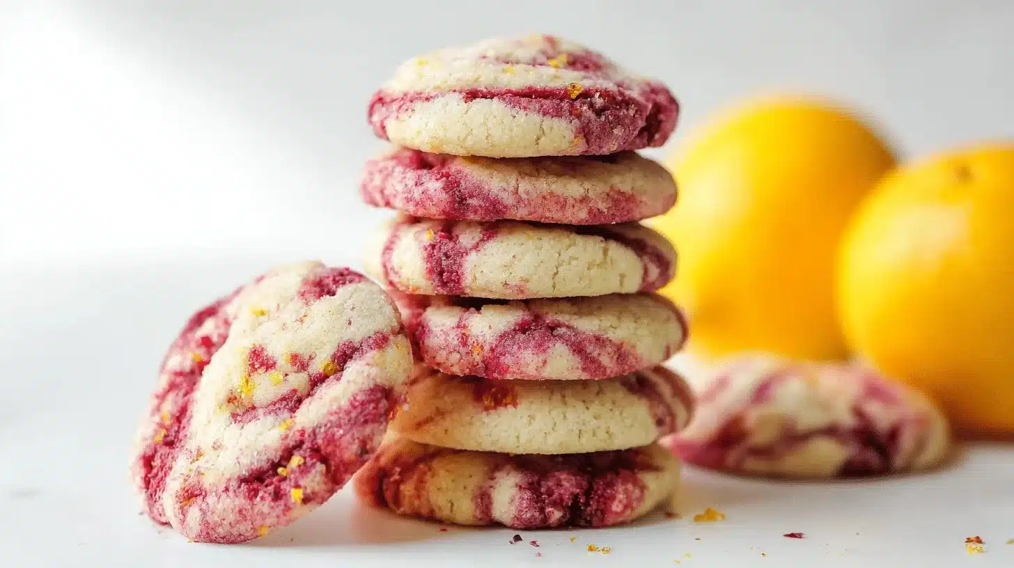 Lemon Raspberry Cookies 1 Homemade lemon raspberry cookies on a cooling rack, fresh and delicious.