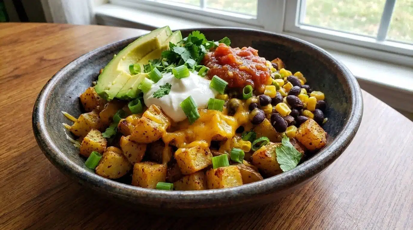 Loaded Fiesta Potato Bowls with toppings and vibrant colors