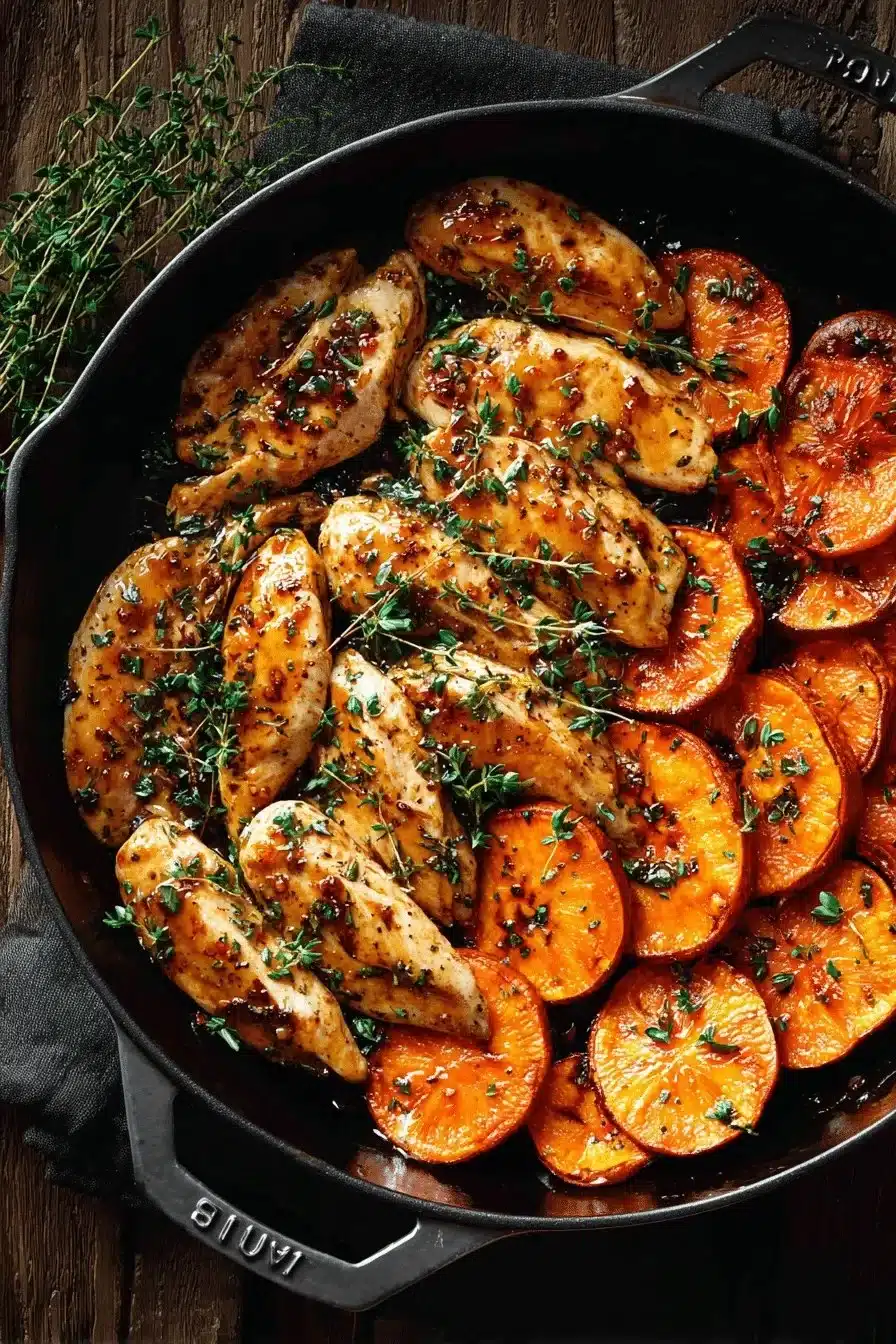 Maple-glazed chicken served with roasted sweet potatoes on a plate