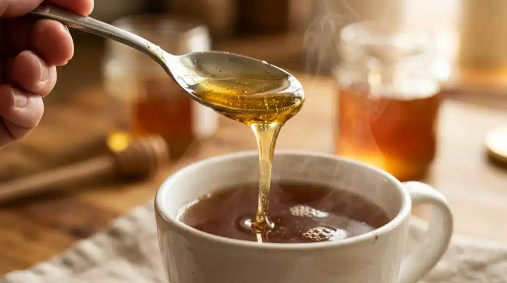 Honey sliding cleanly off an oiled measuring spoon for accurate measurements