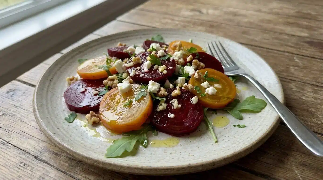 Mediterranean beet salad with fresh ingredients and vibrant colors
