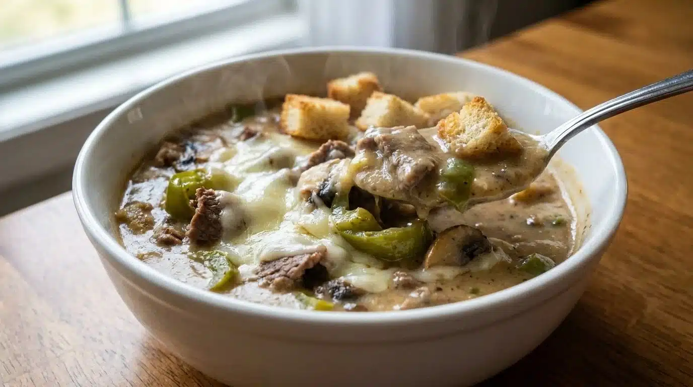 Bowl of creamy Philly Cheesesteak Soup topped with cheese and peppers