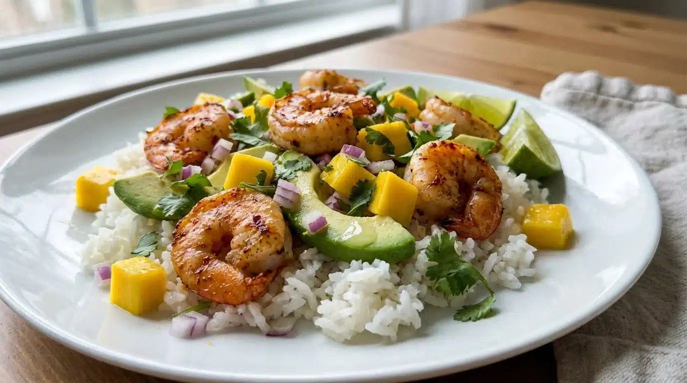 Shrimp and avocado bowls with mango salsa garnished and ready to serve
