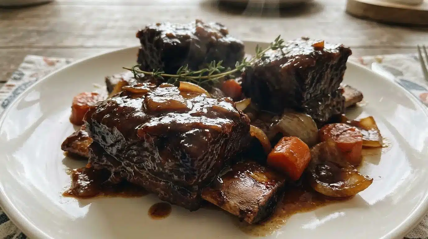 Delicious slow cooker short ribs served with vegetables