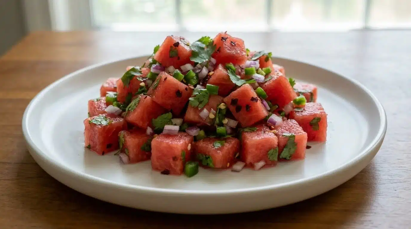 Bowl of spicy watermelon salsa with fresh ingredients garnished on top