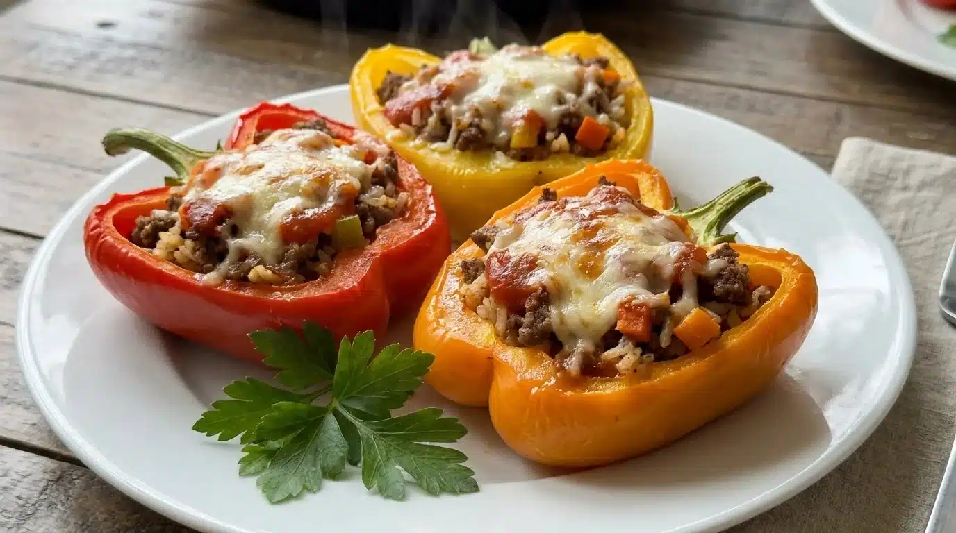 Delicious stuffed bell peppers filled with savory ingredients ready to eat.