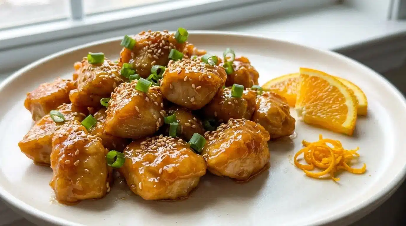 Delicious tangy orange glazed chicken recipe served with a fresh garnish.