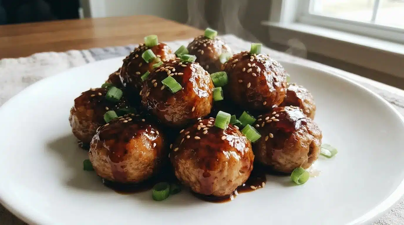 Delicious teriyaki meatballs served on a platter with garnishes