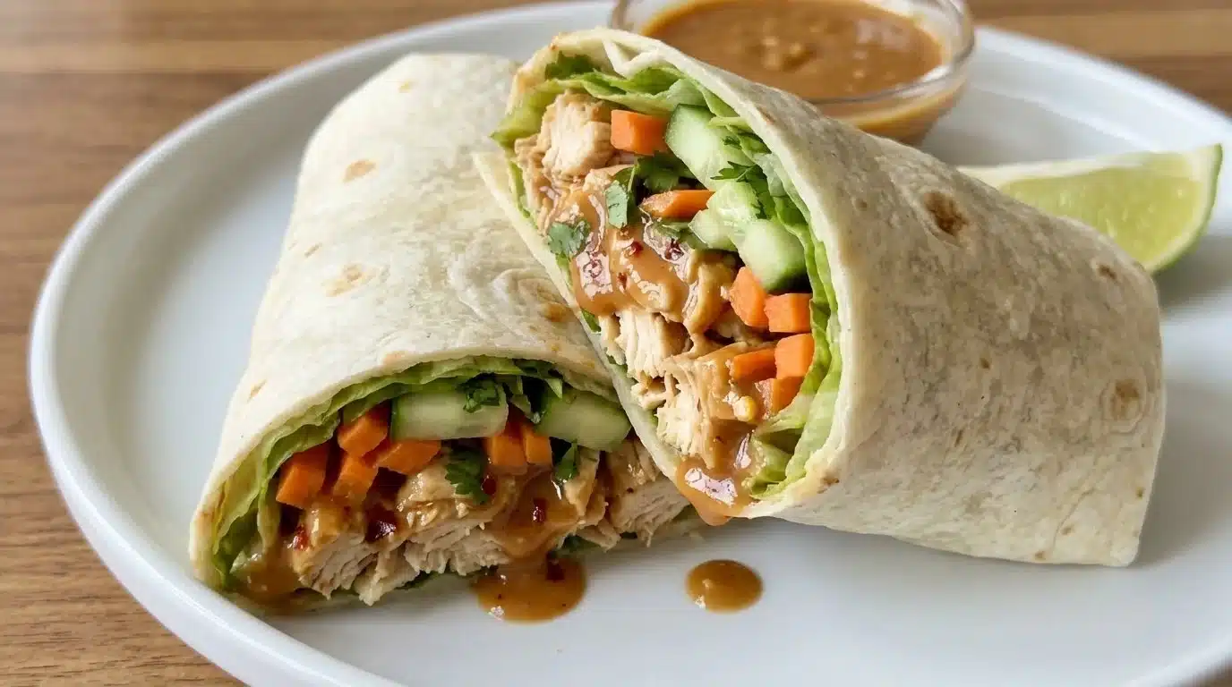 Thai Chicken Wrap with fresh veggies and vibrant sauce