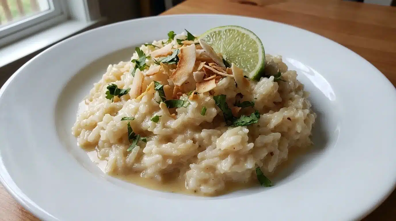 Bowl of Thai Coconut Rice garnished with fresh herbs and coconut flakes