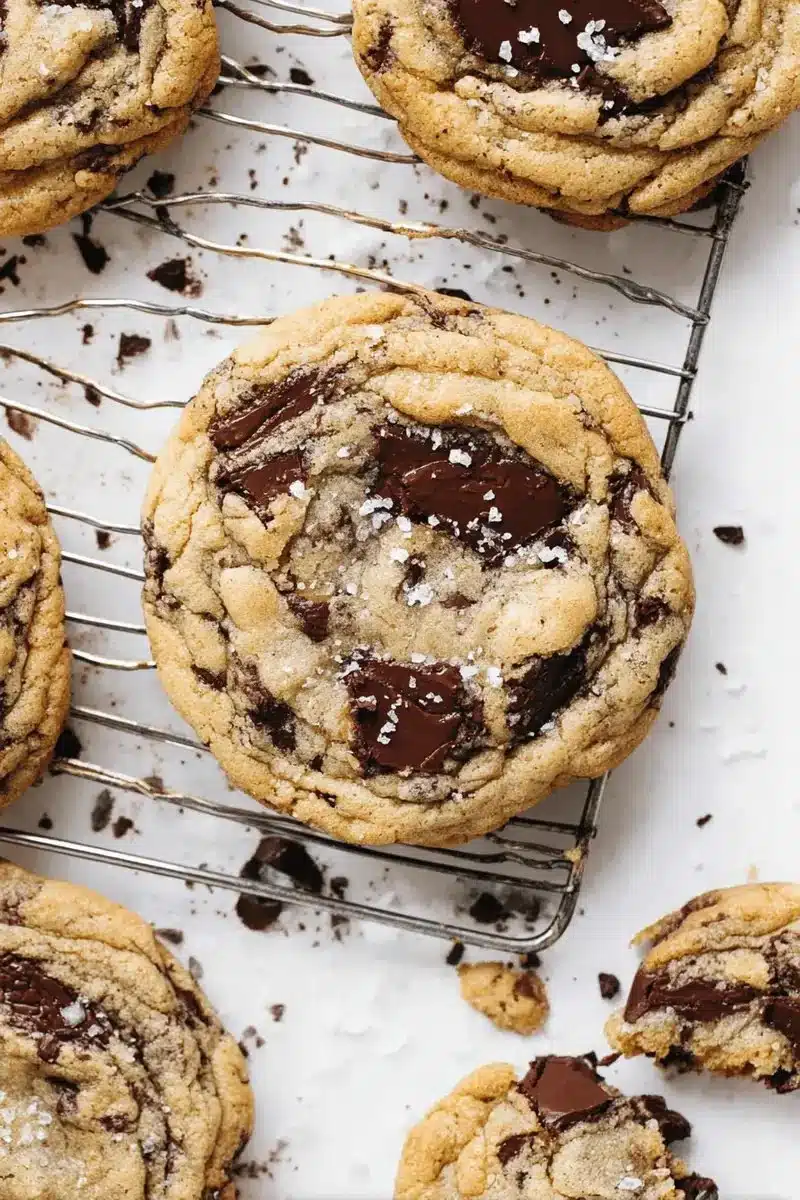 Ultra Thick Bakery Style Chocolate Chip Cookies 1 Ultra thick bakery style chocolate chip cookies on a baking tray