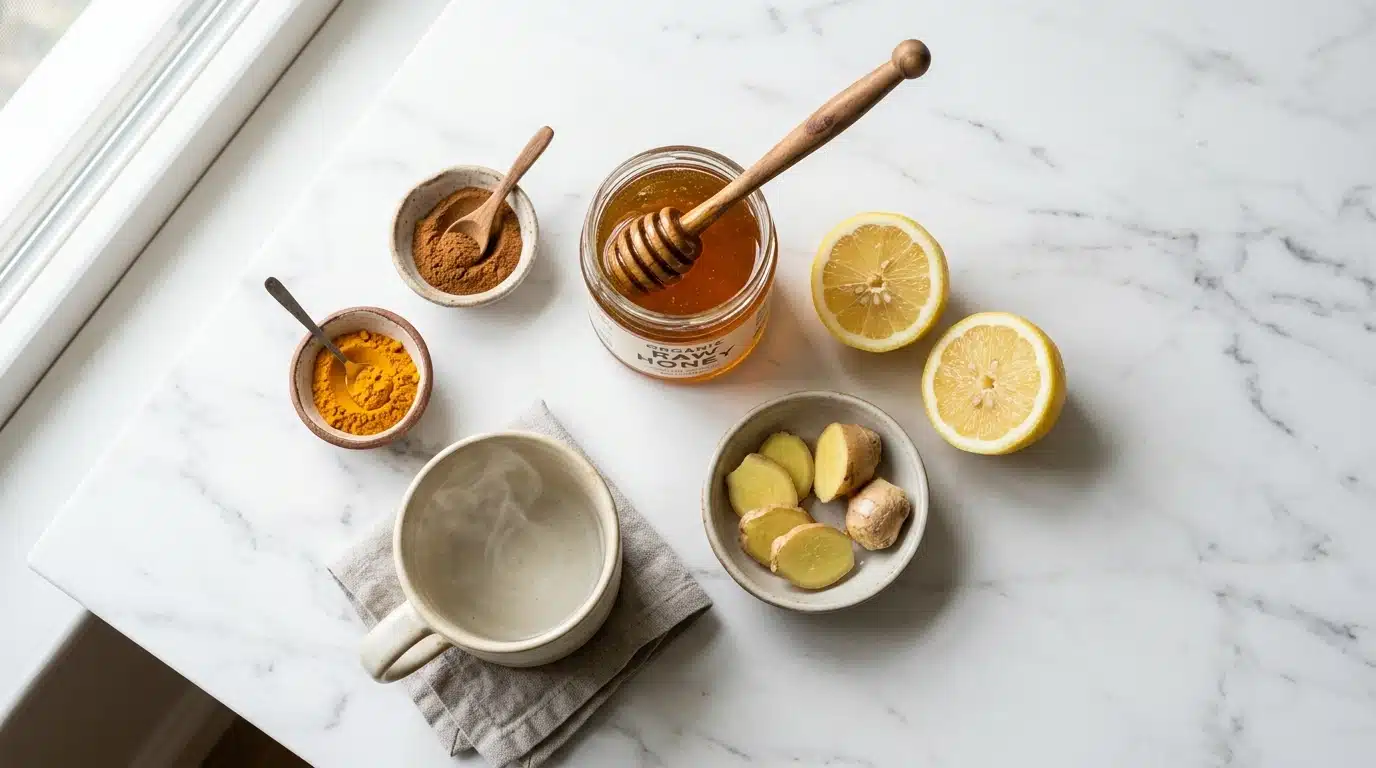 What is in honey trick recipe — raw honey lemon ginger cinnamon and warm water