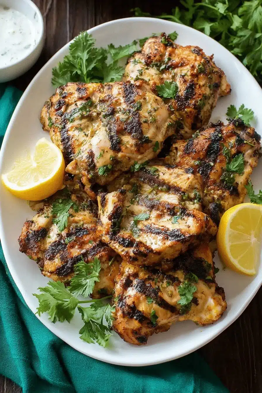 Plate of yogurt marinated chicken with fresh herbs and spices