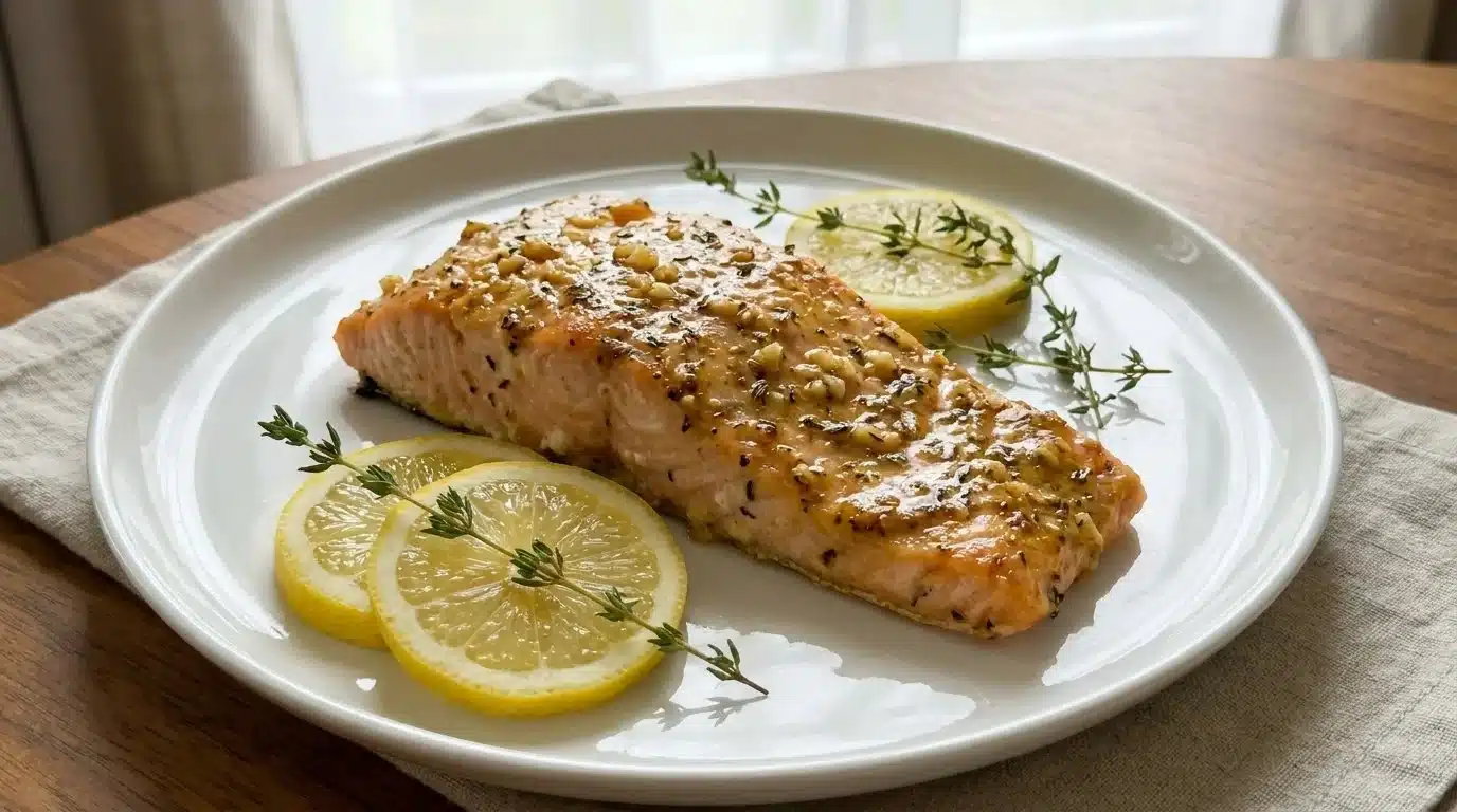 Zesty Dijon baked salmon on a plate with herbs and lemon slices