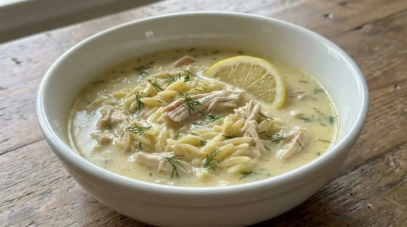 Avgolemono Soup with Orzo 1 Delicious bowl of Avgolemono Soup with Orzo garnished with parsley.