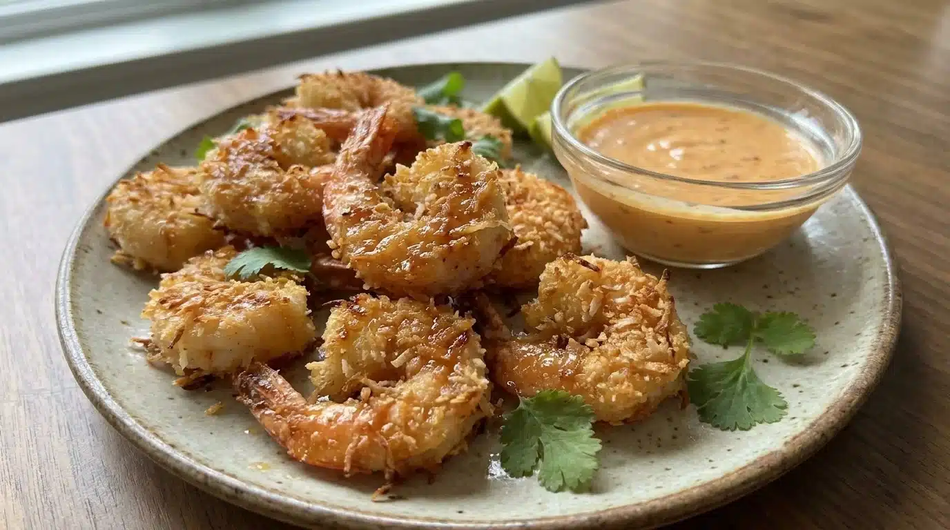 Baked Coconut Shrimp with Sweet Chili Mayo 1 Baked coconut shrimp served with sweet chili mayo for dipping