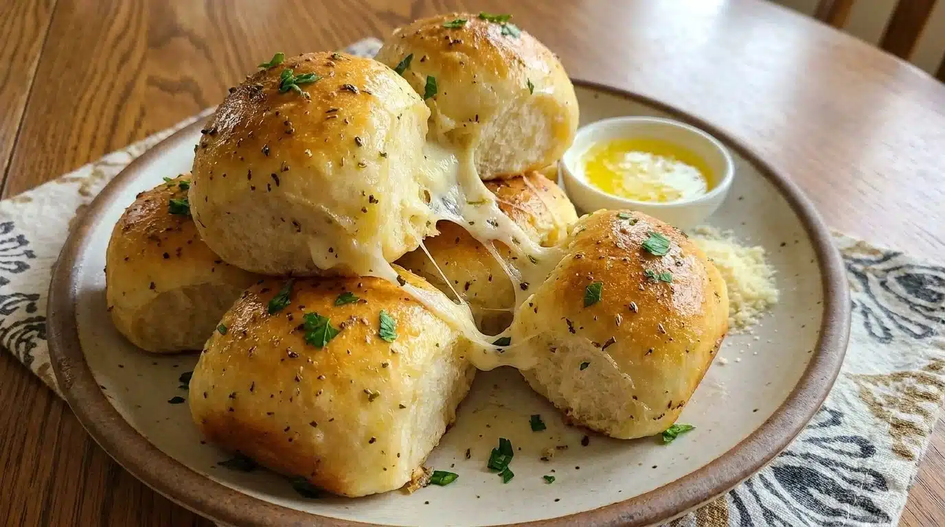 Freshly baked cheesy herb Italian rolls served warm on a wooden board.