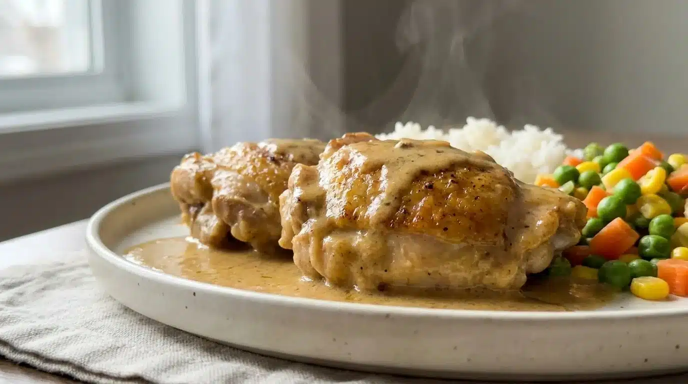 Creamy Chicken Thighs with Rice and Vegetables 2 Creamy Chicken Thighs with Rice and Vegetables