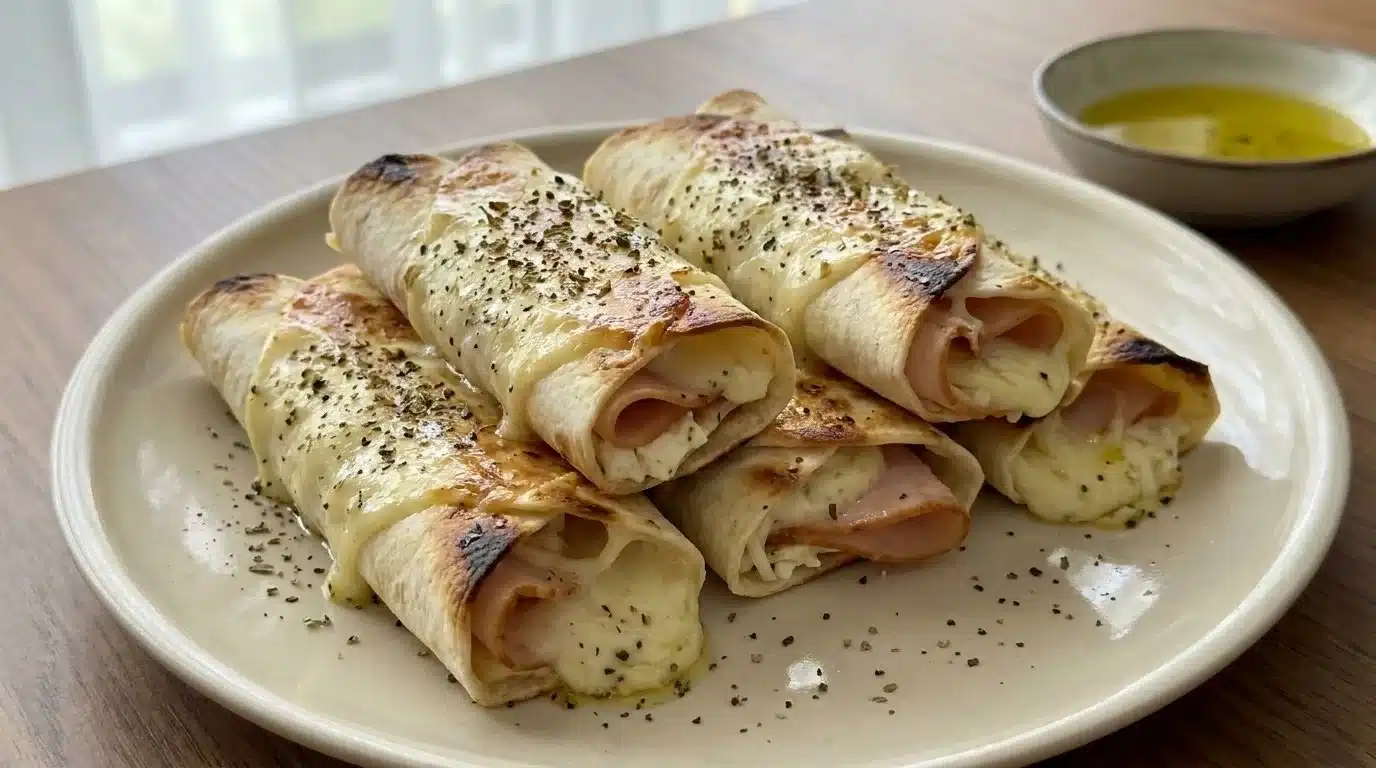 Delicious grilled feta and ham rolls served as an appetizer.