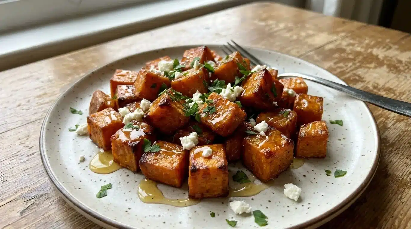Honey-drizzled sweet potato bites served on a plate