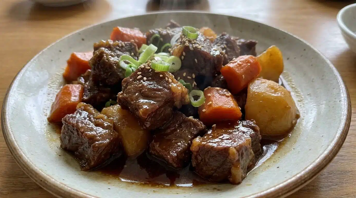 Delicious Korean braised beef served with vegetables on a plate