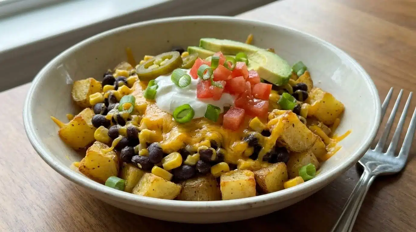 Delicious loaded fiesta potato bowls topped with fresh ingredients