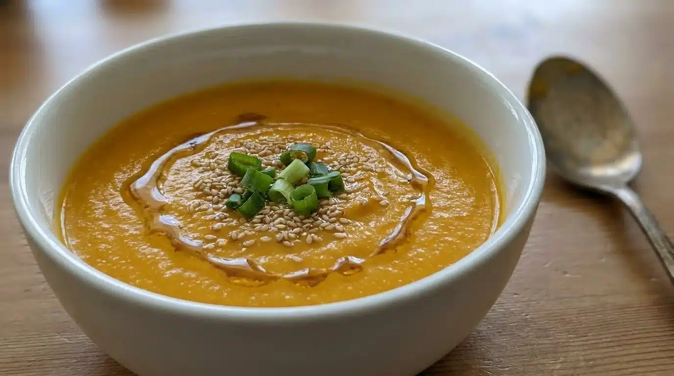 Bowl of vibrant Sesame Carrot Soup garnished with sesame seeds and fresh herbs