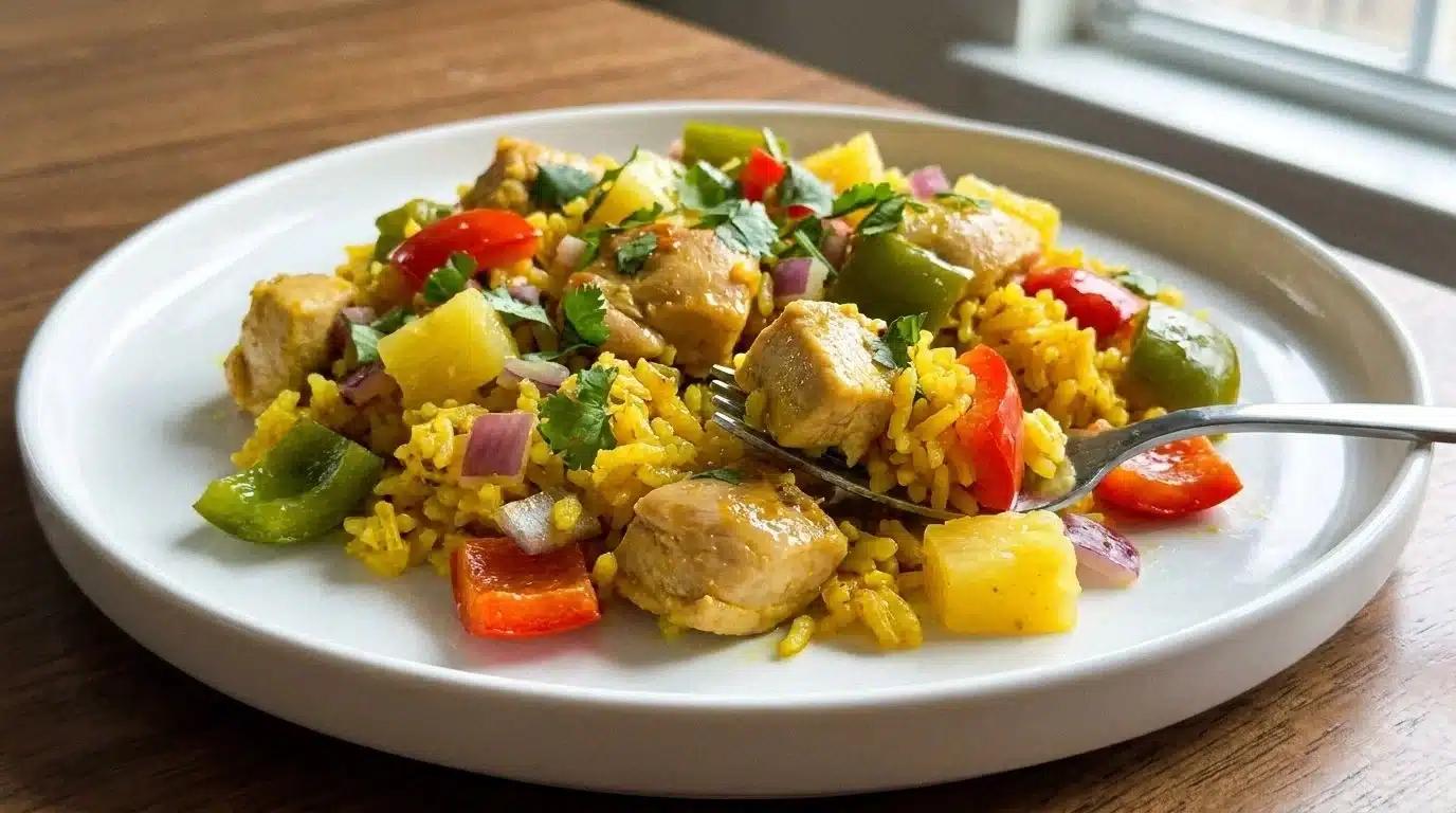 Tropical Chicken served with vibrant yellow rice on a plate.