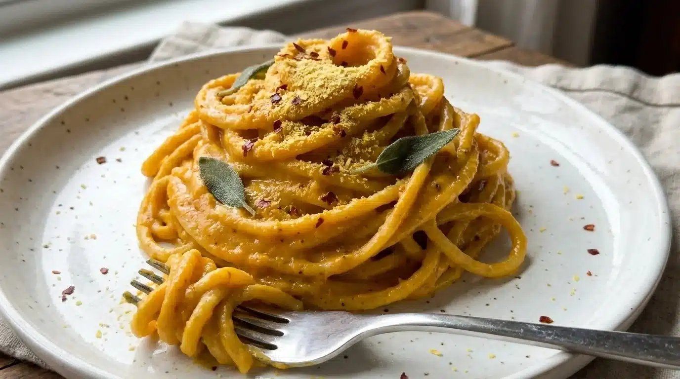 Delicious vegan pumpkin pasta served in a bowl with herbs and spices.